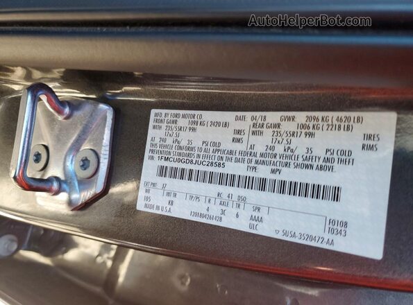 1FMCU0GD8JUC28585 2018 FORD ESCAPE Gray Vista de la etiqueta del VIN