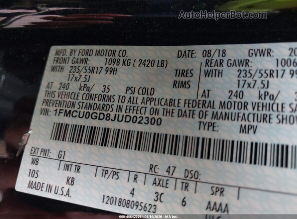 1FMCU0GD8JUD02300 2018 FORD ESCAPE Black Widok komory silnika