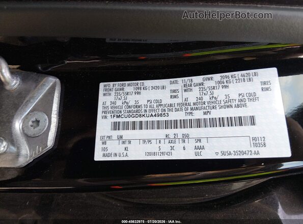 1FMCU0GD8KUA49853 2019 FORD ESCAPE Черный Вид подкапотного пространства