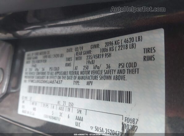 1FMCU0GD8KUA87437 2019 FORD ESCAPE Black ძრავის განყოფილების ხედი
