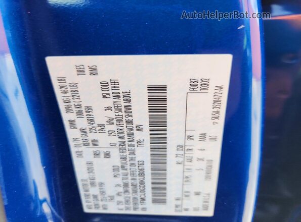 1FMCU0GD8KUB06763 2019 FORD ESCAPE Blue VIN sticker view