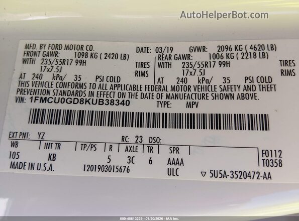 1FMCU0GD8KUB38340 2019 FORD ESCAPE White Vista del compartimento del motor