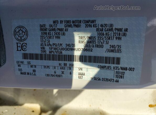1FMCU0GD9HUD70602 2017 FORD ESCAPE White Vista interior de 360 grados