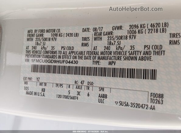1FMCU0GD9HUF04430 2017 FORD ESCAPE White Вид підкапотного простору