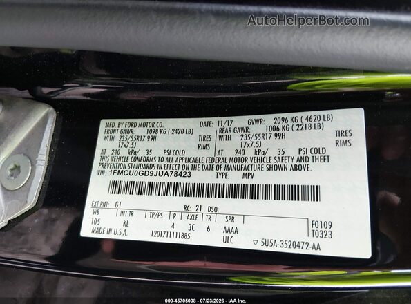 1FMCU0GD9JUA78423 2018 FORD ESCAPE Black Engine compartment view