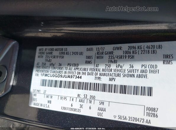 1FMCU0GD9JUA97344 2018 FORD ESCAPE Gray ძრავის განყოფილების ხედი