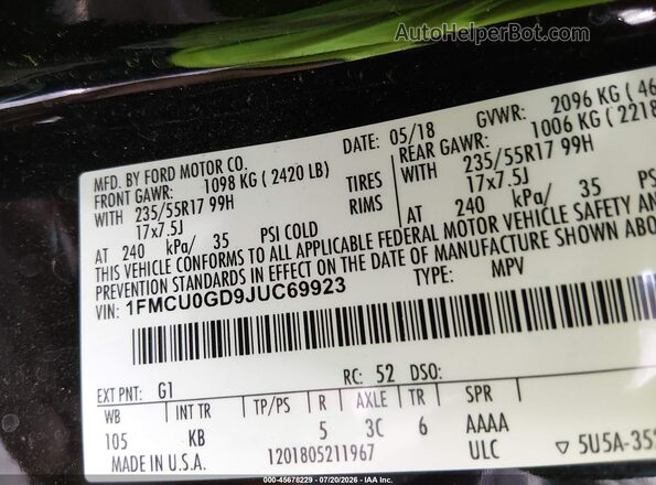 1FMCU0GD9JUC69923 2018 FORD ESCAPE Black Вид підкапотного простору