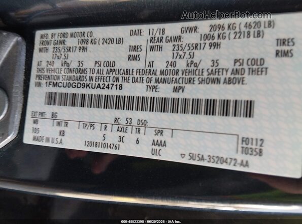 1FMCU0GD9KUA24718 2019 FORD ESCAPE Синий Вид подкапотного пространства