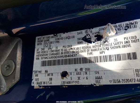 1FMCU0GDXHUB40437 2017 FORD ESCAPE Blue Engine compartment view