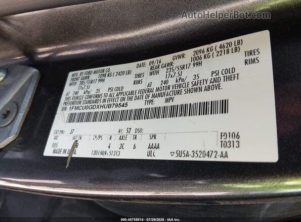 1FMCU0GDXHUB79545 2017 FORD ESCAPE Gray Vista del compartimento del motor