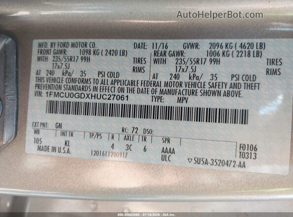 1FMCU0GDXHUC27061 2017 FORD ESCAPE Gold Vista del compartimento del motor