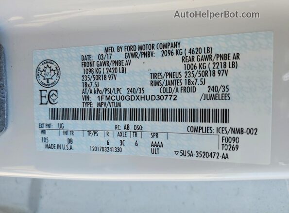1FMCU0GDXHUD30772 2017 FORD ESCAPE White Vista de la etiqueta del VIN