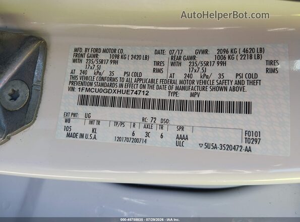 1FMCU0GDXHUE74712 2017 FORD ESCAPE Белый Вид подкапотного пространства