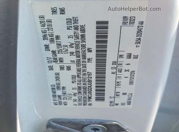1FMCU0GDXJUB12157 2018 FORD ESCAPE Белый Вид наклейки с VIN-кодом