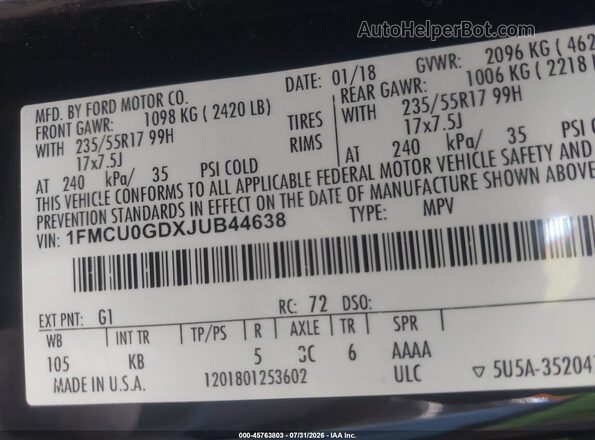 1FMCU0GDXJUB44638 2018 FORD ESCAPE Черный Вид подкапотного пространства