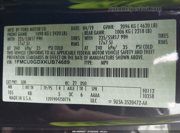 1FMCU0GDXKUB74689 2019 FORD ESCAPE Black Շարժիչի բաժամունքի տեսք