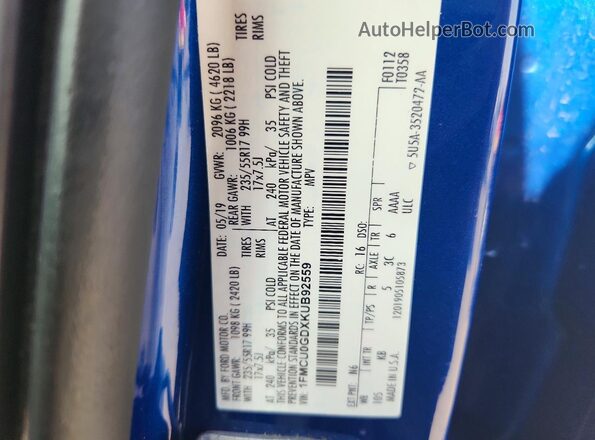 1FMCU0GDXKUB92559 2019 FORD ESCAPE Blue Vista interior de 360 grados