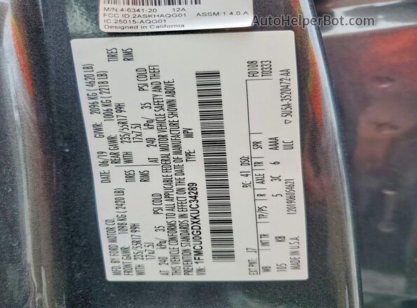 1FMCU0GDXKUC34289 2019 FORD ESCAPE Серый Вид наклейки с VIN-кодом