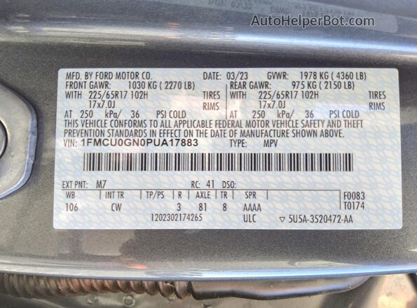 1FMCU0GN0PUA17883 2023 FORD ESCAPE Gray Вид наклейки з VIN-кодом