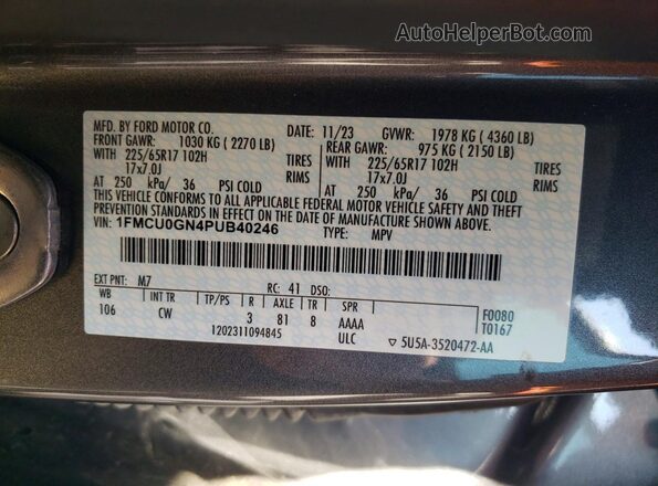 1FMCU0GN4PUB40246 2023 FORD ESCAPE Серый Вид наклейки с VIN-кодом