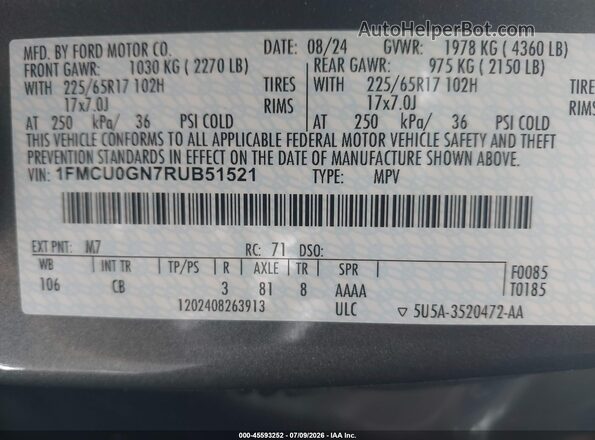 1FMCU0GN7RUB51521 2024 FORD ESCAPE Серый Вид подкапотного пространства