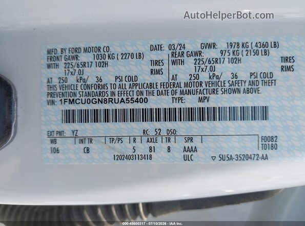 1FMCU0GN8RUA55400 2024 FORD ESCAPE Белый Вид подкапотного пространства