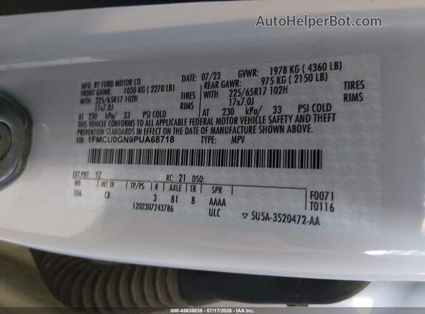1FMCU0GN9PUA68718 2023 FORD ESCAPE White Widok komory silnika
