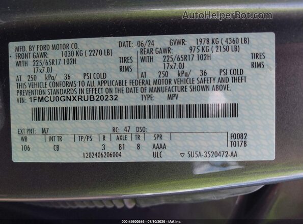 1FMCU0GNXRUB20232 2024 FORD ESCAPE Gray Widok komory silnika