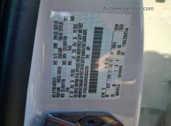 1FMCU0GX0GUB22330 2016 FORD ESCAPE White VIN კოდის სტიკერის ხედი
