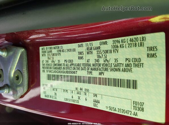 1FMCU0GX0GUB55067 2016 FORD ESCAPE Red Вид підкапотного простору