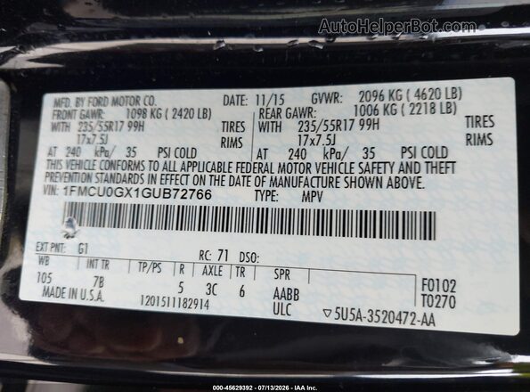 1FMCU0GX1GUB72766 2016 FORD ESCAPE Black Widok komory silnika