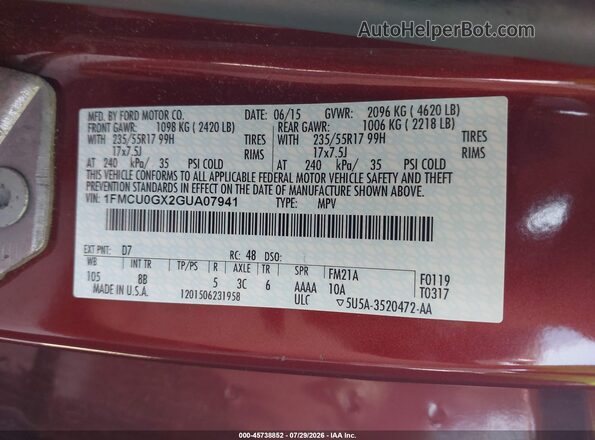 1FMCU0GX2GUA07941 2016 FORD ESCAPE Burgundy Engine compartment view