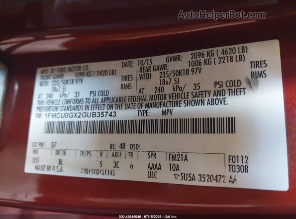 1FMCU0GX2GUB35743 2016 FORD ESCAPE Red Widok komory silnika