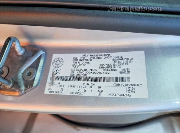 1FMCU0GX2GUB77152 2016 FORD ESCAPE Silver VIN კოდის სტიკერის ხედი