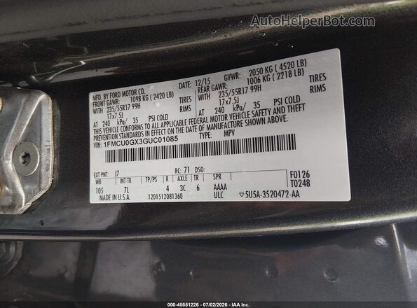 1FMCU0GX3GUC01085 2016 FORD ESCAPE Gray Widok komory silnika