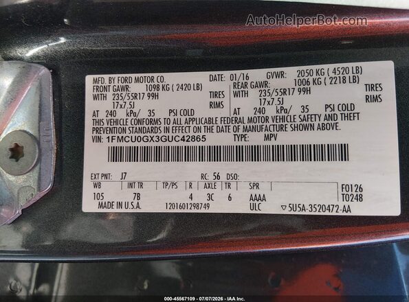1FMCU0GX3GUC42865 2016 FORD ESCAPE Gray Widok komory silnika