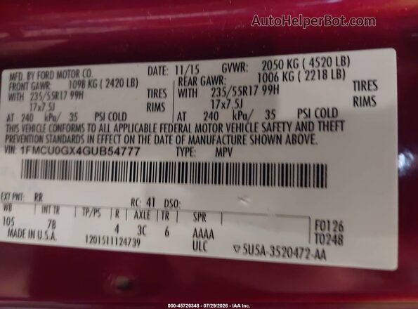 1FMCU0GX4GUB54777 2016 FORD ESCAPE Red Widok komory silnika