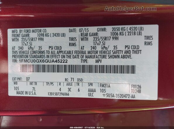 1FMCU0GX6GUA45222 2016 FORD ESCAPE Оранжевый Вид подкапотного пространства