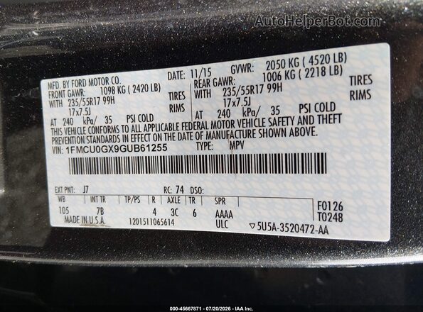 1FMCU0GX9GUB61255 2016 FORD ESCAPE Gray ძრავის განყოფილების ხედი