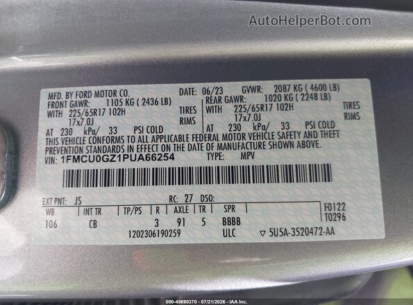 1FMCU0GZ1PUA66254 2023 FORD ESCAPE Серебряный Вид подкапотного пространства