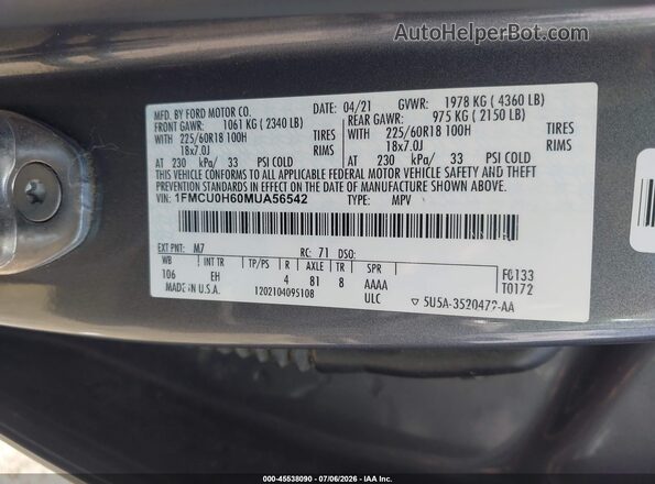 1FMCU0H60MUA56542 2021 FORD ESCAPE Gray Engine compartment view