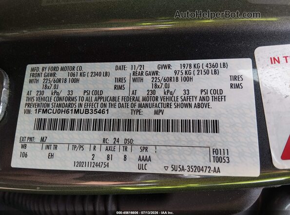 1FMCU0H61MUB35461 2021 FORD ESCAPE Серый Вид подкапотного пространства