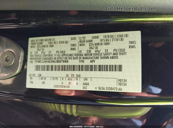 1FMCU0H63NUB87689 2022 FORD ESCAPE Black Вид підкапотного простору