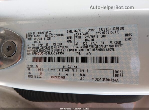 1FMCU0H64LUC24357 2020 FORD ESCAPE Белый Вид подкапотного пространства