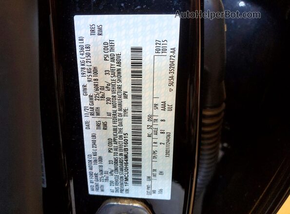 1FMCU0H64MUB16015 2021 FORD ESCAPE Black Widok naklejki z numerem VIN