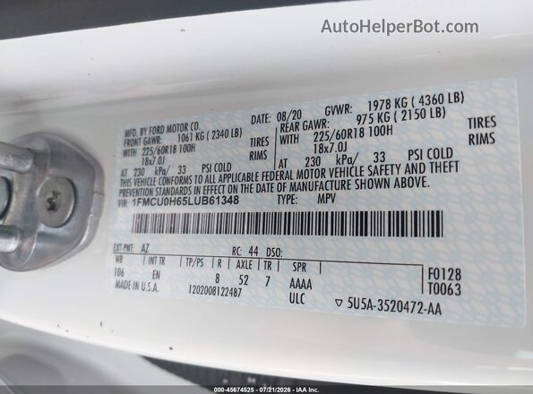 1FMCU0H65LUB61348 2020 FORD ESCAPE White Engine compartment view