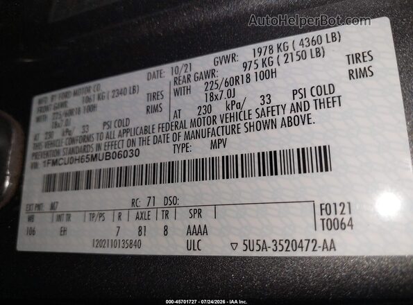 1FMCU0H65MUB06030 2021 FORD ESCAPE Серый Вид подкапотного пространства
