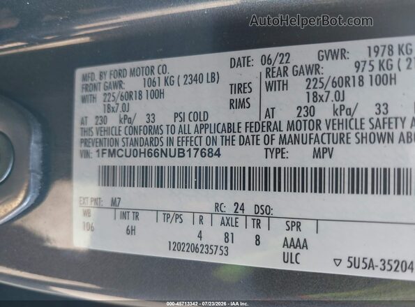 1FMCU0H66NUB17684 2022 FORD ESCAPE Gray Շարժիչի բաժամունքի տեսք