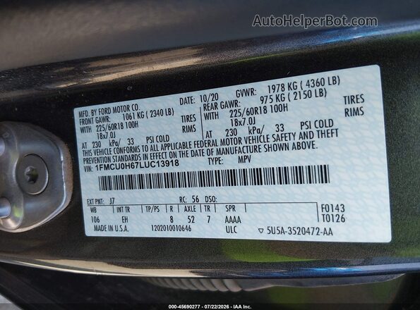 1FMCU0H67LUC13918 2020 FORD ESCAPE Gray Շարժիչի բաժամունքի տեսք