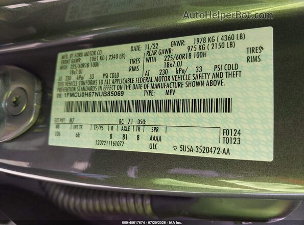 1FMCU0H67NUB85069 2022 FORD ESCAPE Gray Widok komory silnika